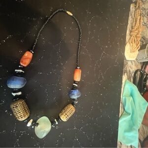 Artisan Beaded Necklace with Blue and Brown Tones